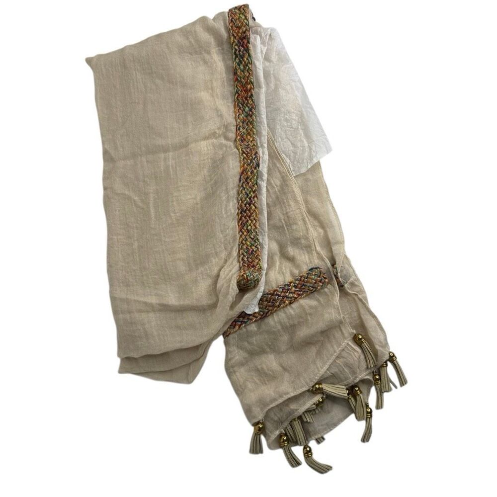 Boho Oversized Ivory Scarf Wrap Multicolor Braided Trim Tassels - Picture 4 of 9